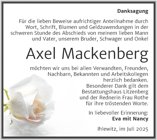 Traueranzeige von Axel Mackenberg von Trauerkombi Mansfelder Land