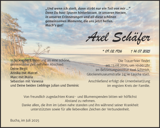 Traueranzeige von Axel Schäfer von Super Sonntag Naumburg/Nebra