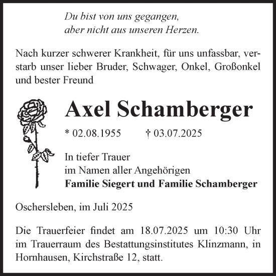 Traueranzeige von Axel Schamberger von Volksstimme Oschersleben/Wanzleben