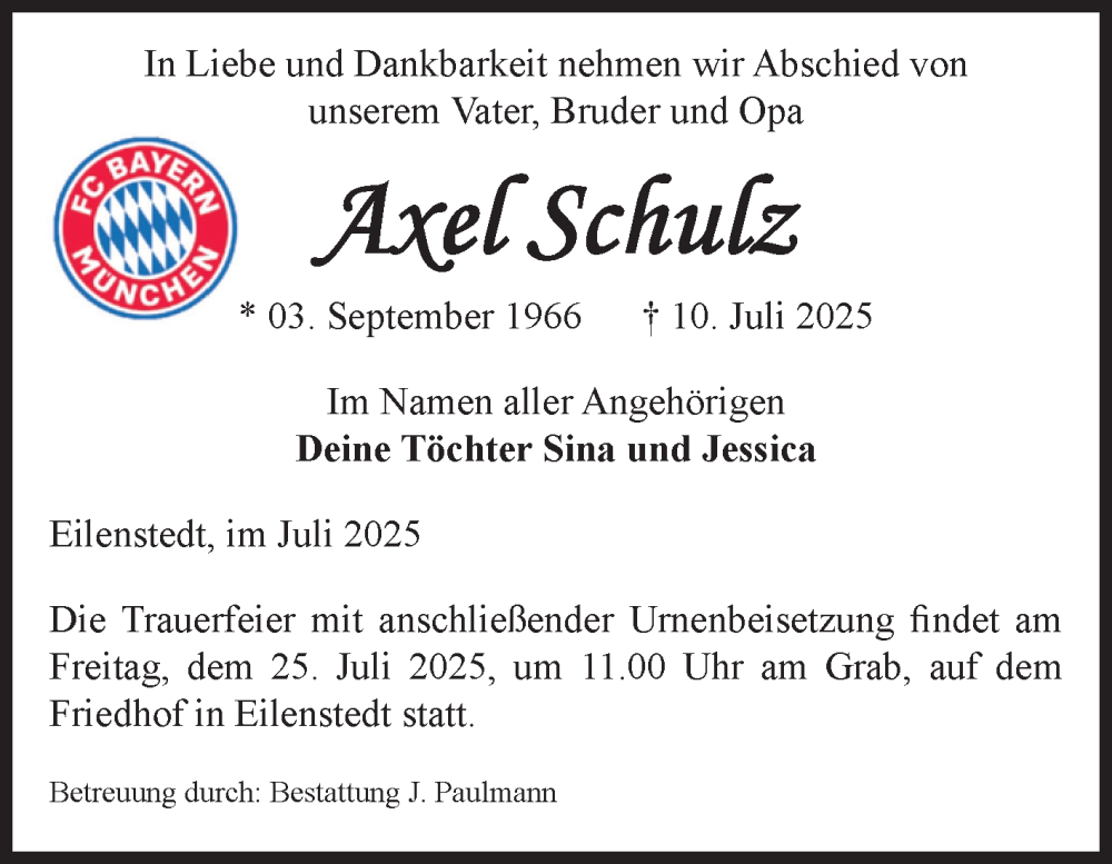  Traueranzeige für Axel Schulz vom 19.07.2025 aus Volksstimme Halberstadt