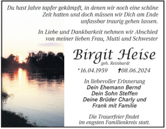Traueranzeige von Birgit Heise von Trauerkombi Dessau