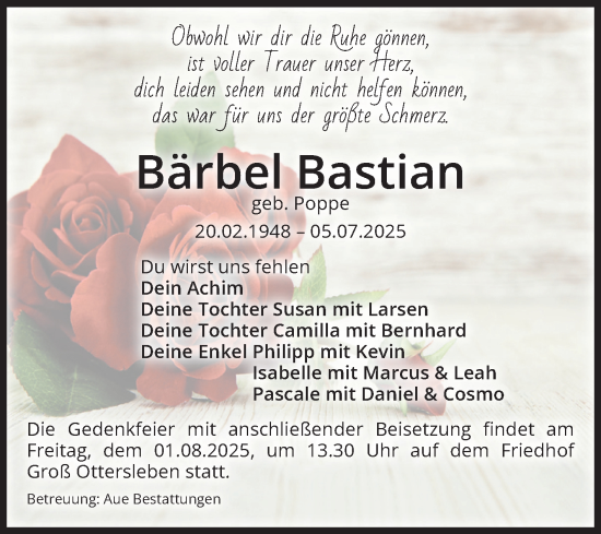 Traueranzeige von Bärbel Bastian von Volksstimme Magdeburg