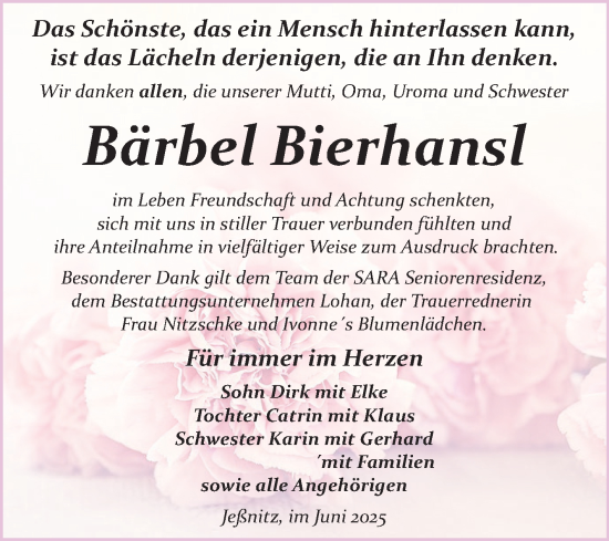 Traueranzeige von Bärbel Bierhansl von Trauerkombi Bitterfeld
