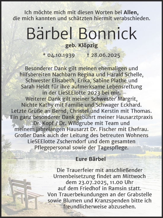 Traueranzeige von Bärbel Bonnick von Trauerkombi Bitterfeld