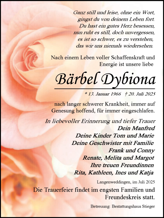 Traueranzeige von Bärbel Dybiona von Volksstimme Oschersleben/Wanzleben