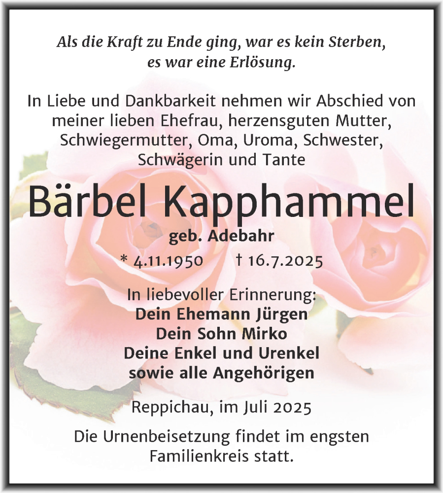  Traueranzeige für Bärbel Kapphammel vom 19.07.2025 aus Trauerkombi Köthen