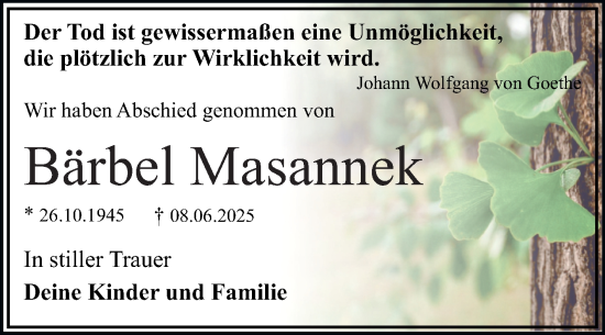 Traueranzeige von Bärbel Masannek von Trauerkombi Dessau