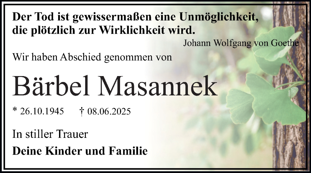  Traueranzeige für Bärbel Masannek vom 12.07.2025 aus Trauerkombi Dessau