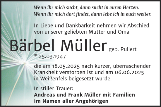 Traueranzeige von Bärbel Müller von Trauerkombi Weißenfels