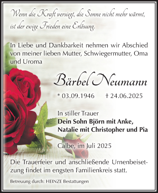 Traueranzeige von Bärbel Neumann von Volksstimme Schönebeck