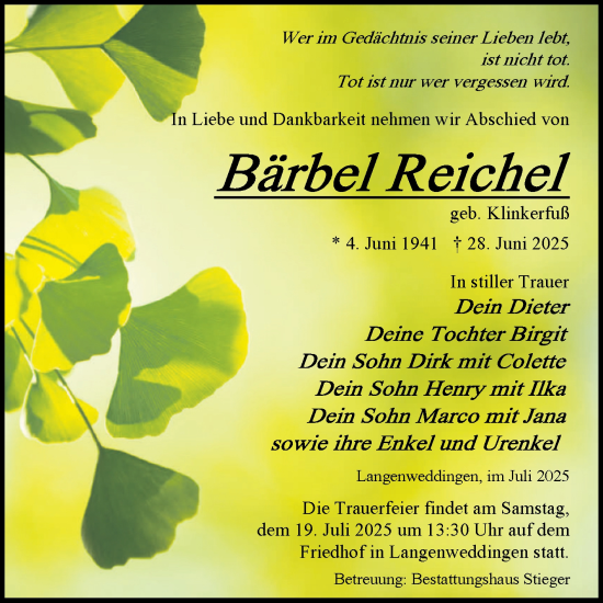 Traueranzeige von Bärbel Reichel von Volksstimme Oschersleben/Wanzleben