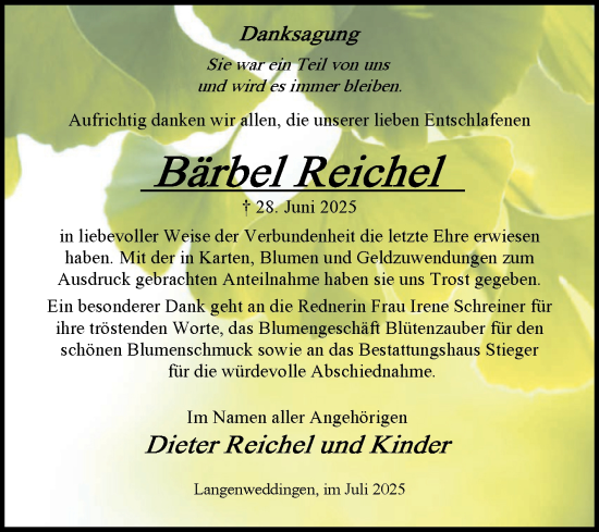 Traueranzeige von Bärbel Reichel von Volksstimme Oschersleben/Wanzleben