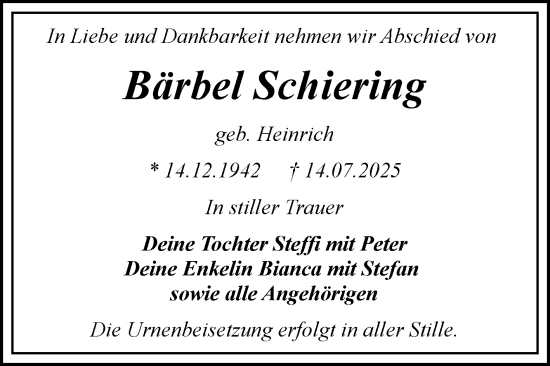 Traueranzeige von Bärbel Schiering von Trauerkombi Bitterfeld