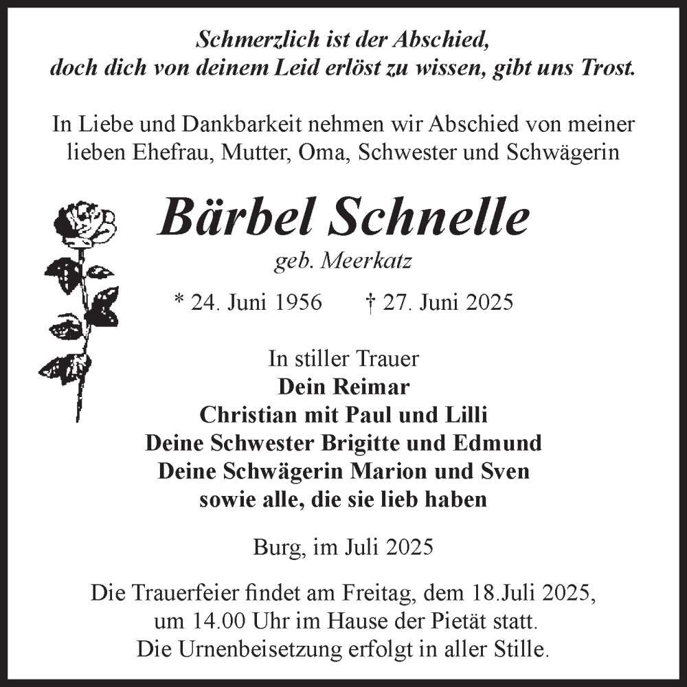  Traueranzeige für Bärbel Schnelle vom 05.07.2025 aus Volksstimme Burg/Genthin