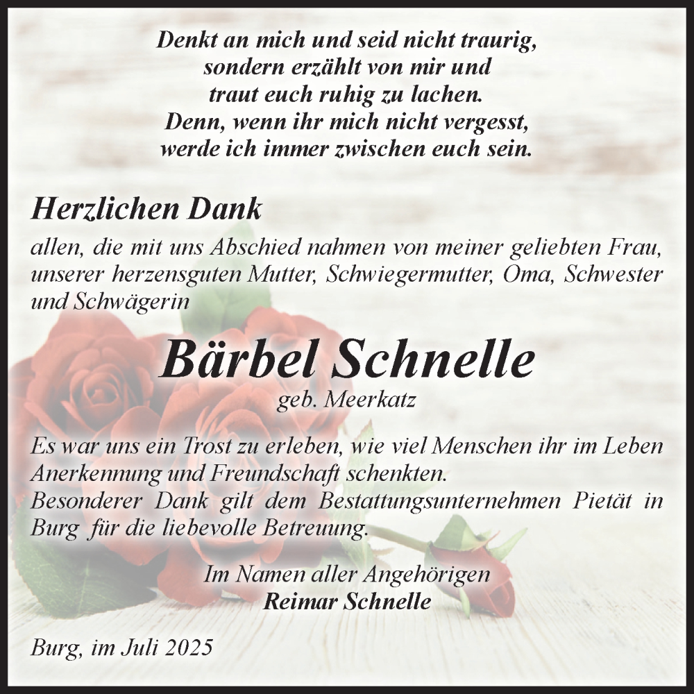  Traueranzeige für Bärbel Schnelle vom 26.07.2025 aus Volksstimme Burg/Genthin