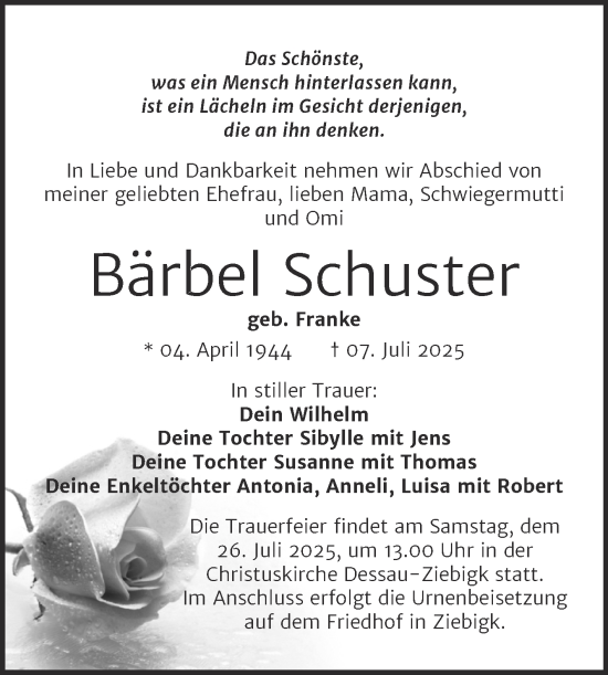Traueranzeige von Bärbel Schuster von Trauerkombi Dessau