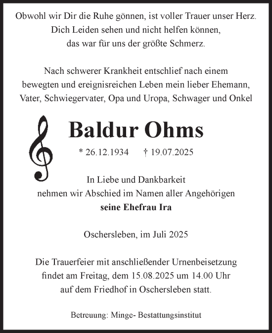 Traueranzeige von Baldur Ohms von Volksstimme Oschersleben/Wanzleben