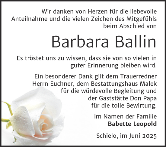 Traueranzeige von Barbara Ballin von Trauerkombi Quedlinburg