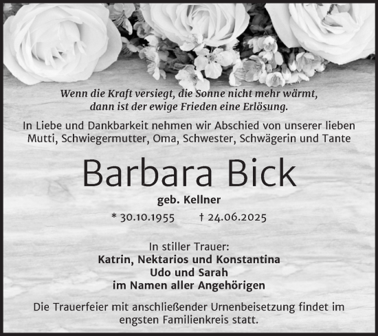 Traueranzeige von Barbara Bick von Mitteldeutsche Zeitung Halle/Saalkreis