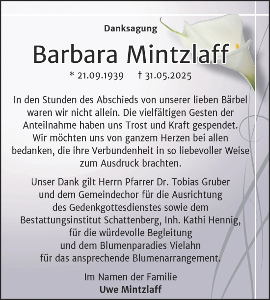 Traueranzeige von Barbara Mintzlaff von Trauerkombi Quedlinburg