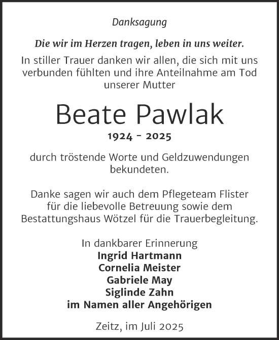 Traueranzeige von Beate Pawlak von Trauerkombi Zeitz