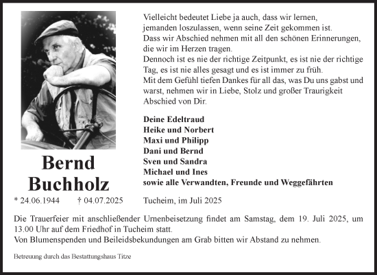 Traueranzeige von Bernd Buchholz von Volksstimme Burg/Genthin