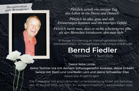 Traueranzeige von Bernd Fiedler von Trauerkombi Aschersleben