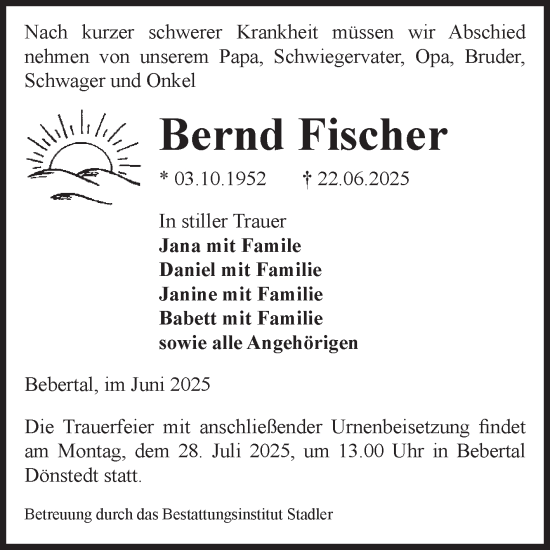 Traueranzeige von Bernd Fischer von Volksstimme Haldensleben/Wolmirstedt