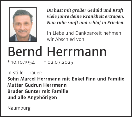 Traueranzeige von Bernd Herrmann von Super Sonntag Naumburg/Nebra