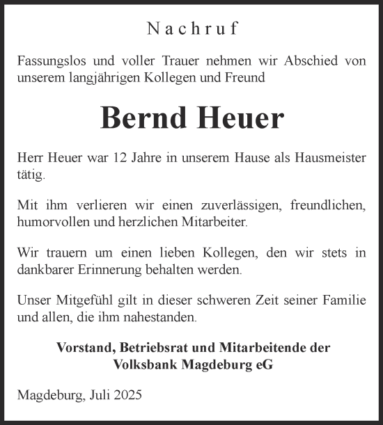 Traueranzeige von Bernd Heuer von Volksstimme Magdeburg