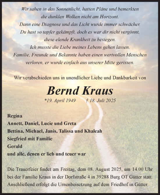 Traueranzeige von Bernd Kraus von Volksstimme Burg/Genthin