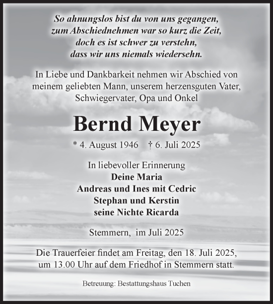Traueranzeige von Bernd Meyer von Volksstimme Oschersleben/Wanzleben