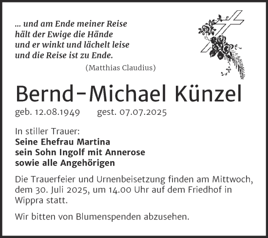 Traueranzeige von Bernd-Michael Künzel von Mitteldeutsche Zeitung Mansfelder Land