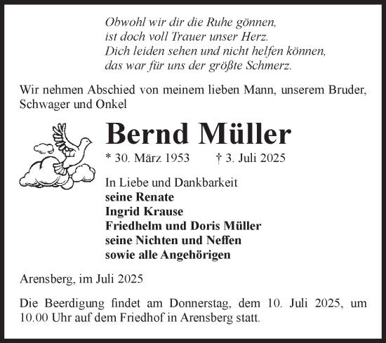 Traueranzeige von Bernd Müller von Volksstimme Altmark Ost