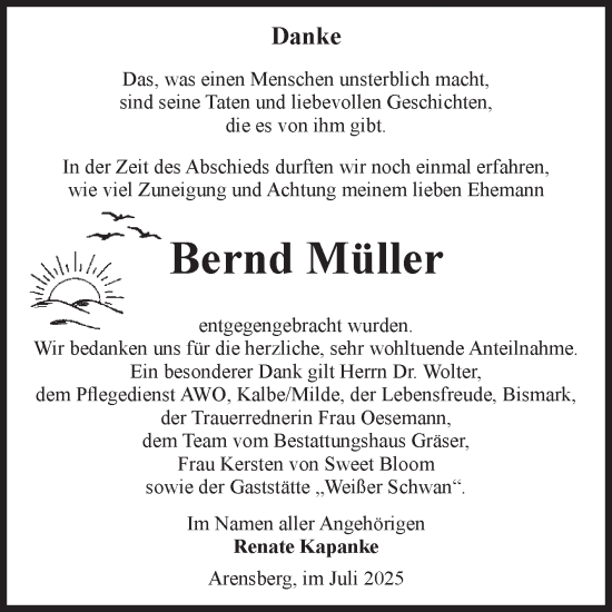 Traueranzeige von Bernd Müller von Volksstimme Altmark Ost