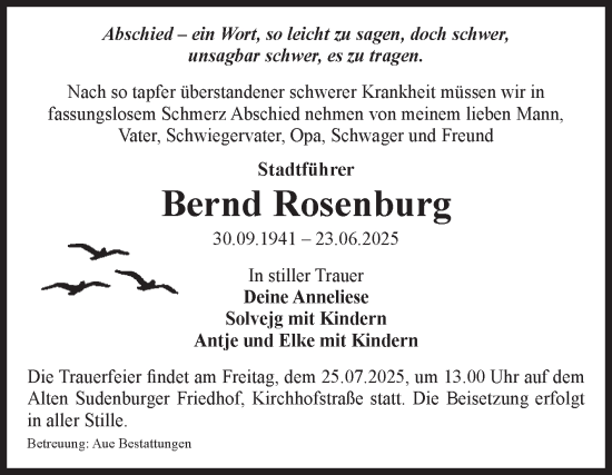 Traueranzeige von Bernd Rosenburg von Volksstimme Magdeburg
