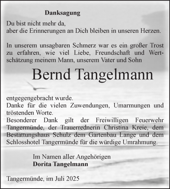 Traueranzeige von Bernd Tangelmann von Volksstimme Altmark Ost