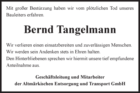 Traueranzeige von Bernd Tangelmann von Volksstimme Altmark Ost