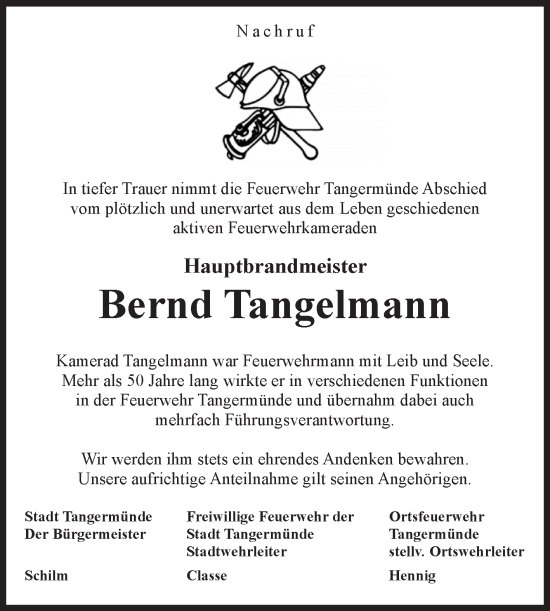 Traueranzeige von Bernd Tangelmann von Volksstimme Altmark Ost