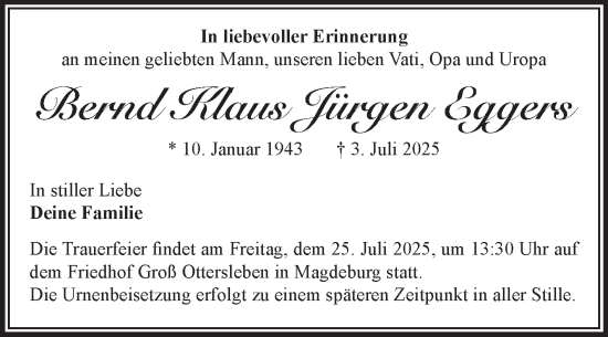 Traueranzeige von Bernd Klaus Jürgen Eggers von Volksstimme Magdeburg