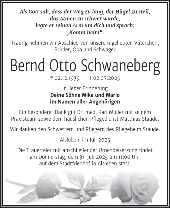 Traueranzeige von Bernd Otto Schwaneberg von Trauerkombi Bernburg