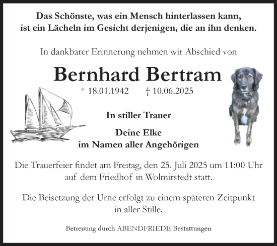 Traueranzeige von Bernhard Bertram von Volksstimme Haldensleben/Wolmirstedt