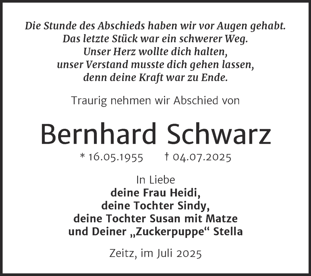  Traueranzeige für Bernhard Schwarz vom 19.07.2025 aus Trauerkombi Zeitz