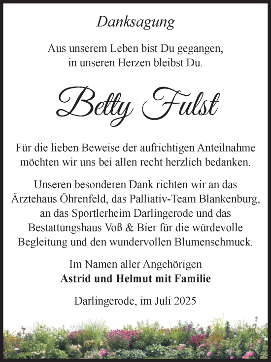 Traueranzeige von Betty Fulst von Volksstimme Wernigerode