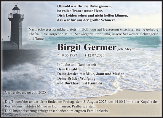 Traueranzeige von Birgit Germer von Volksstimme Oschersleben/Wanzleben