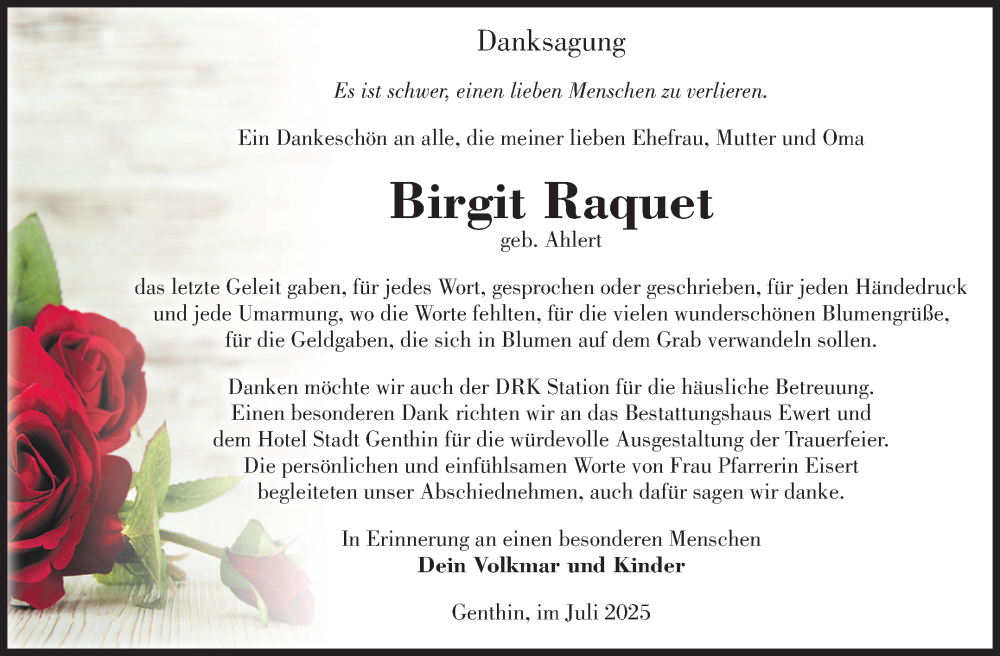  Traueranzeige für Birgit Raquet vom 12.07.2025 aus Volksstimme Burg/Genthin