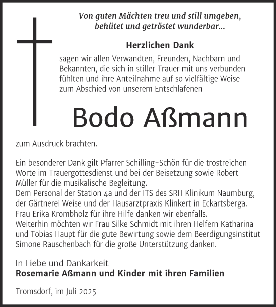 Traueranzeige von Bodo Aßmann von Super Sonntag Naumburg/Nebra
