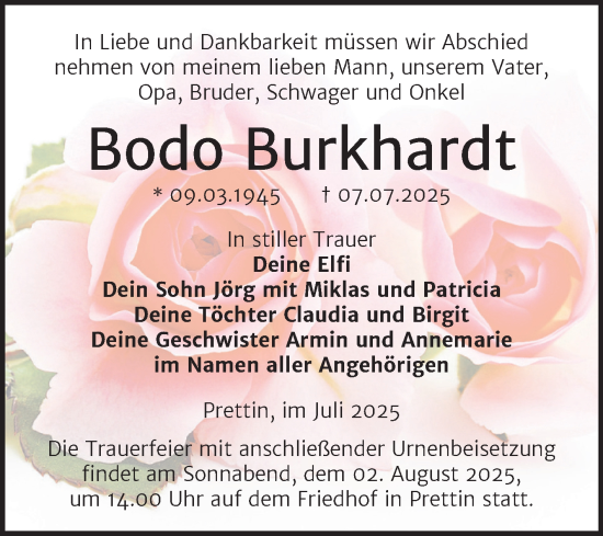 Traueranzeige von Bodo Burkhardt von Trauerkombi Wittenberg