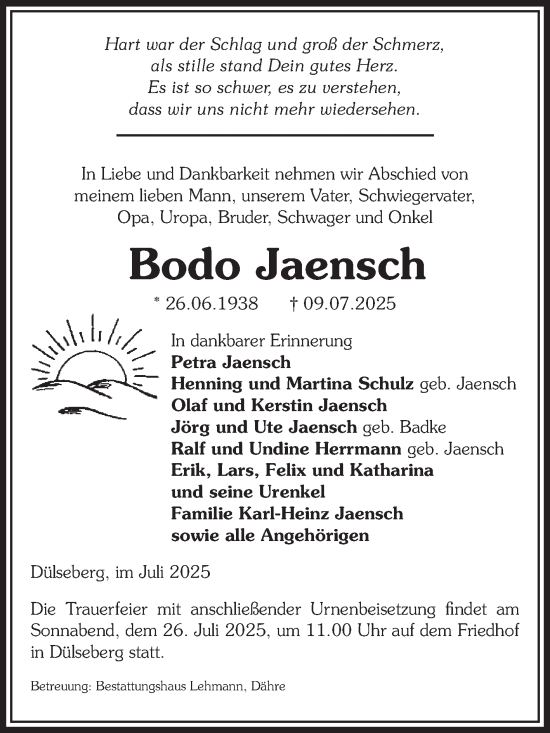 Traueranzeige von Bodo Jaensch von Volksstimme Altmark Ost
