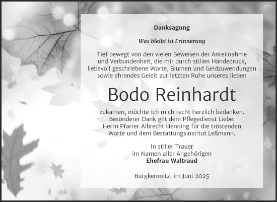 Traueranzeige von Bodo Reinhardt von Trauerkombi Bitterfeld